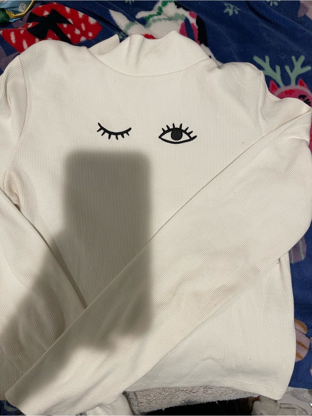 Forever 21 Cream Ribbed Mock Neck Top with wWinking Eye Graphic